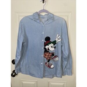 Rare Vintage Disney Women's Jean Button Up Long Sleeve Shirt Mickey Plaid Shorts